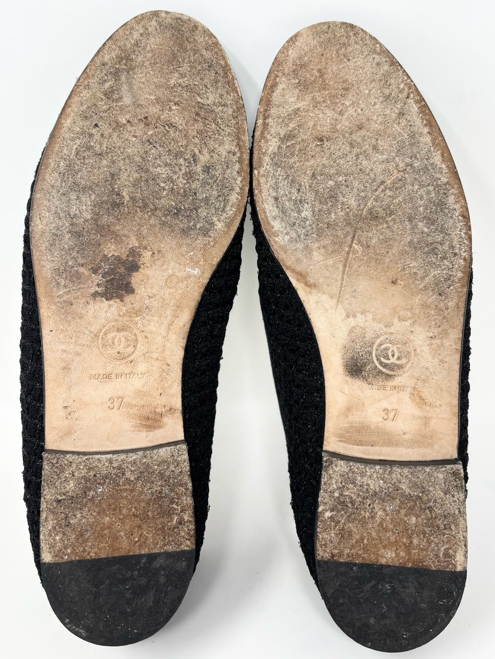 Chanel CC Logo Cap Toe Tweed Ballet Flats Black White Size 37 Authentic - Picture 14 of 15